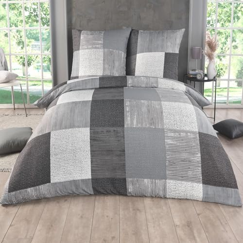 Bettwäsche 200x200 3 teilig - Mikrofaser Bettbezug 200x200 cm + 2 x Kissenbezug 80x80 cm - atmungsaktiver Stoff mit Reißverschluss - Einzelbett - modernes Karo Design Grau