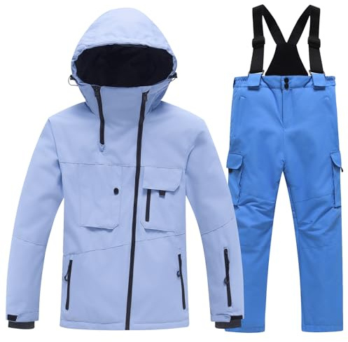L SERVER Skianzug Mädchen mit Kapuze Winddicht und Wasserdichter Schneeanzug Jungen Skianzug Zweiteilig Kinder Warme Skijacke + Skihose, Dunstblau + Königsblau, 116