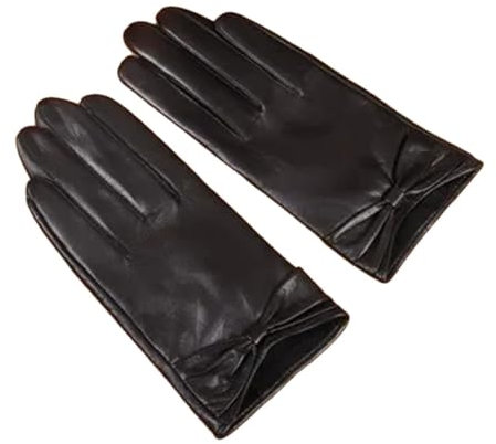Damen-Winter-Lederhandschuhe aus Ziegenleder, Schleife, weich, mit Fleece gefüttert, warme Fäustlinge, Schwarz , 36