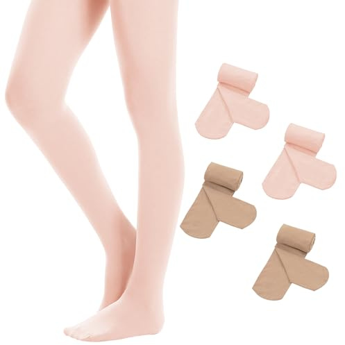 Durio 4 Pairs Nude & Pink Ballet Tights for Girls (9-14 Years) - Ultra Soft, Footless, School Leggings