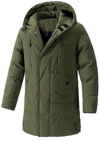 PODOLIXIA Veste matelassée pour homme - Longue - Avec capuche - Chaude - Épaisse - Veste d'hiver - Avec aspect duvet - Parka - Grande taille - Veste d'extérieur rembourrée, Vert armée., 8XL