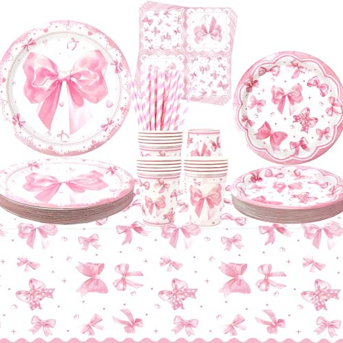 Decorazioni per feste con fiocco rosa, stoviglie per feste, piatti da dessert, bicchieri, tovaglioli, cannucce per feste di compleanno per coquette ragazze, 40 pezzi
