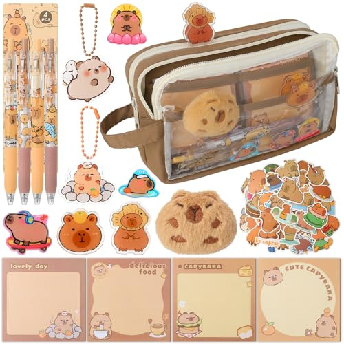 Vyuwast 67 Stück Capybara Federmäppchen Schreibwaren Set für Kinder | Gelstifte,Aufklebern,Haftnotizen,Klammern,Anhängern,Pins,Geschenkideen Zum Geburtstag und Partys,für Mädchen und Jungen