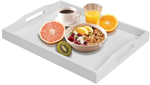 Bamboo Serving Tray with Handles, Breakfast Wooden Tray for Food,Snack,Dinner, Home Decorative Storage, Platter, Ottoman,Kitchen Counter, Bathroom, Restaurant (White)