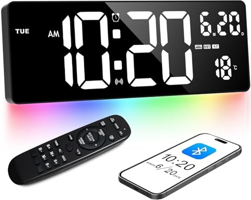 XREXS Orologio a Parete Digitale 16,5 Bluetooth Sync, Display Bianco & Luce Ambientale Multicolore - Mostra Ora/Temp/Calendario/Timer/Allarme, Ideale per Salotto/Cucina/Ufficio