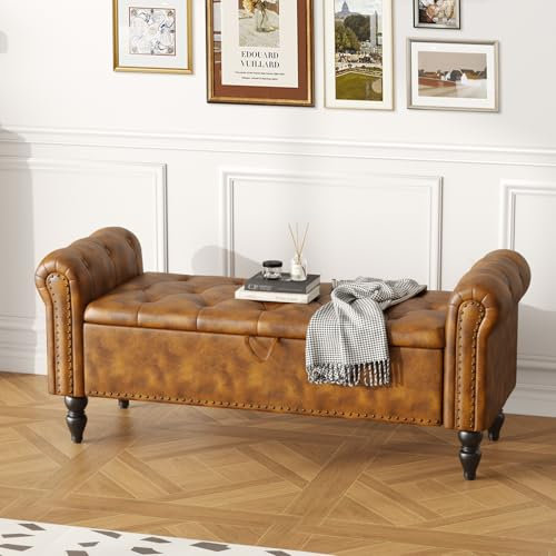 Ckaff Banc de Rangement 130cm, Banc Bout de Lit Coffre de Rangement, Repose-Pieds Pouf avec Espace de Rangement en Similicuir pour Chambre à Coucher Salon Couloir Entrée, Jaune Marron