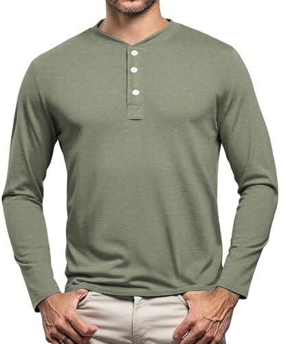 Volemo Tshirt Herren Henley Shirt Knopf T-Shirts Casual Tops Regular Fit T Shirt Langarm Grün M