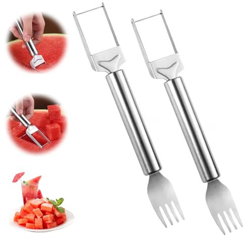HOIDOKLY Cortador de Frutas de Acero Inoxidable 2 en 1, 2025 Herramienta de Cortador de Sandía Mejorada, Tenedor de Fruta de Doble Cabeza Cuchillo (2 PCS)