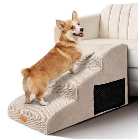 Masthome Escalier pour Chiens et Chats 3 Marches Beige, Pente Douce Protège Articulations, Antidérapant, Housse Amovible Lavable et Imperméable, pour Canapé et Lit