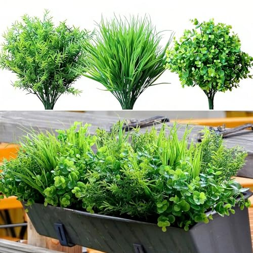 18PCS Outdoor Artificial Faux Plants Spring Summer UV Resistant Bulk Realistic Fake Bushes Grass Eucalyptus Fuax Plastic Greenery Shrubs Front Porch Patio Garden Window Home Decor (Green Mix-18pcs)