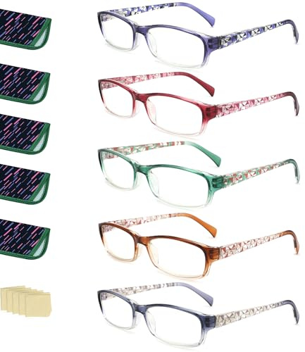 LANLANG Läsglasögon för kvinnor, anti-blått ljus glasögon med 3 färger, mode anti-eyestrain anti-UV, Gradient grå/grön/lila/brun/blå, +3.50