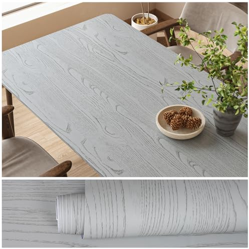 VEELIKE Dicke Hellgraue Holztapete Selbstklebende Tapete Holzoptik Grau Strukturtapete Klebefolie Arbeitsplatte Küche Badezimmer Abwaschbare Tapete Schlafzimmer Schrank Möbelfolie 40 cm × 300 cm