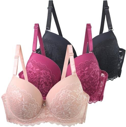 Lot de 3 Soutiens Gorge Classiques Femme Grande Taille Soutien gorgé Dentelle Soutien Gorge Push Up Fin Armature Support Haut Anti Brassière Ptose Confort Quotidien Brassiere Lingerie de Nuit Pour