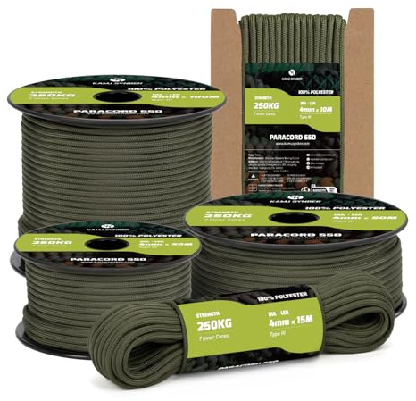 Kamu Synber Paracord 550 Typ III 4mm 50m 7 Trådar 100% Polyester Rep Idealisk för Armband, Camping, Utomhus, överlevnads | Stöd 250kg | Armégrön