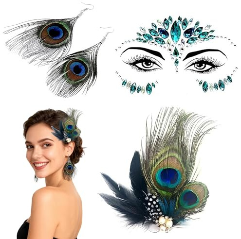 fshxj Pfau Kostüm Dame,3-TLG Pfau Kostüm Accessoire Set - Pfauenfeder Haarspange,Strass Gesichtstattoo,Pfauenfedern Ohrringe, Gotik-Stil Für Karneval Fasching Maskenball Lagerfeuerparty