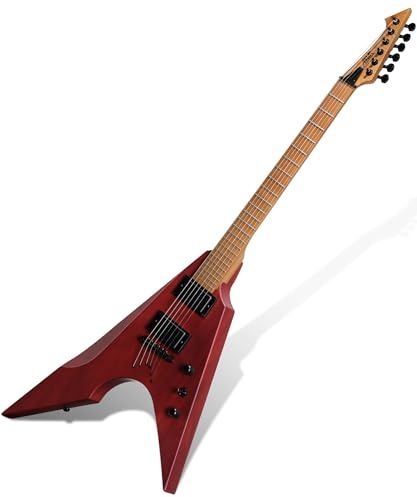AKLOT Metal V Electric Guitar: HH Pickups, Roasted Maple Neck, Okoume Body, String-Through-Body, Stainless Steel Rounded Ball-End Frets, Beginner Electric Guitar Kit for Adult, Gig Bag,Lesson Book