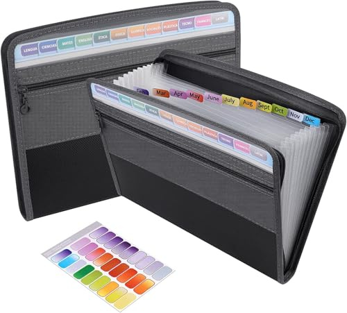 2 Pack - 13 Pocket Expanding File Organiser Folder with Zipper Closure, A4 Accordion File Folder Document Organizer Zip File Folder with Sticky Labels, Black