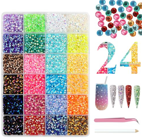 BUTBU 24 färger, 4 mm geléstrass, 12 000 glitterstenar, Bedazzler-kit, nagelkonststrasstenar, platt baksida, ädelstenar, runda med pincett, punkteringar för pyssel, naglar, textil