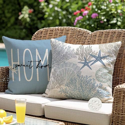 Kissenbezug 40x40 Outdoor Kissen Wetterfest Blau Seestern Muschel Koralle Dekokissen Outdoorkissen Kissenbezüge Kissenhülle Gartenkissen Balkon Sofakissen Draußen für Garten Couch Wohnzimmer 2er Set