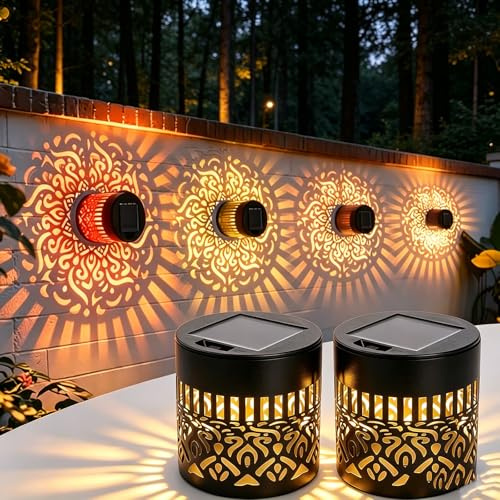 Solar Mandala Wall Lights, Mandala Solar Projector Light Outdoor, 7-Colour Changing Waterproof Metal Fence Light, Solar Powered Decorative Garden Lamp for Patio Yard Backyard Post (2, Warm)