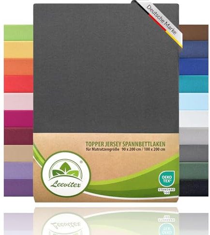 leevitex® Topper Spannbettlaken | 90x200cm - 100x200cm | 100% Jersey Baumwolle | Ökotex | Topperbezug | 18 cm Steghöhe | Anthrazit