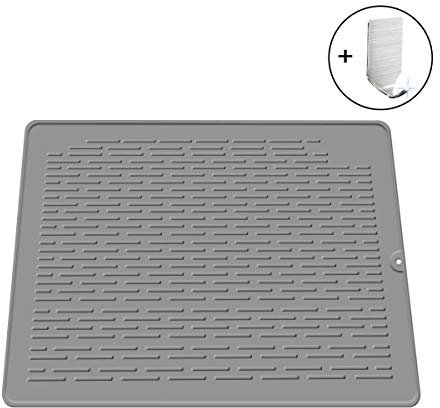 JXJFOZ Abtropfmatte Silikon, 45 x 40 cm, Abtropfmatte Geschirr, Geschirrtrockenmatte, Abtropfunterlage, Abtropfmatte Gummi, rutschfest, Spülmatte mit Haken (Grau,Gross XL)