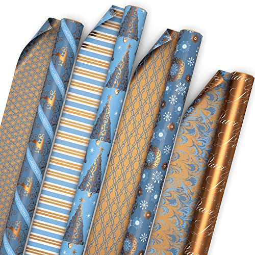 Hallmark Reversible Christmas Wrapping Paper Bundle, Elegant Blue and Gold (4 Rolls: 150 sq. ft. ttl.) Dark Blue, Gold, Teal Snowflakes, Peace, Stripes, Geometric