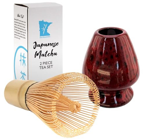 Matcha Tea Whisk Set - Bamboo Whisk and Whisk Holder - Deep Red with Black