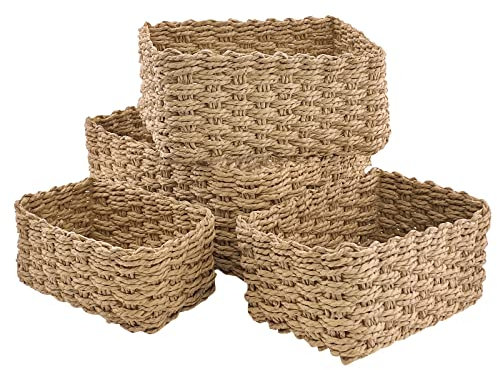 Korb Aufbewahrung Badezimmer Bad Körbchen Aufbewahrungsbox Deko Aufbewahrungskörbe 4er Set aus Gewebtem Recyclebarem Papierseil,für Accessoires Schminke cd tampon Spielzeug(Gelb)