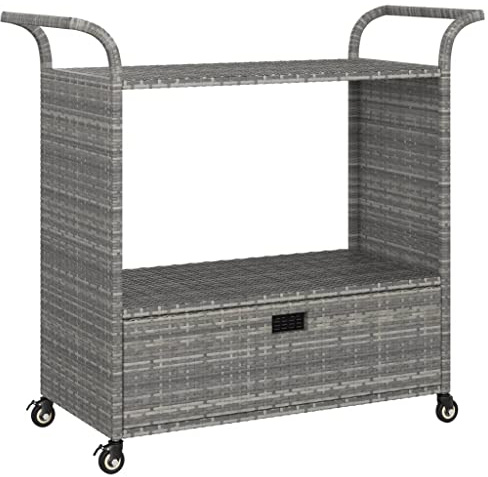 vidaXL Barwagen mit Schublade 4 Rollen Servierwagen Teewagen Küchenwagen Beistellwagen Arbeitswagen Gartenwagen Grau 100x45x97cm Poly Rattan