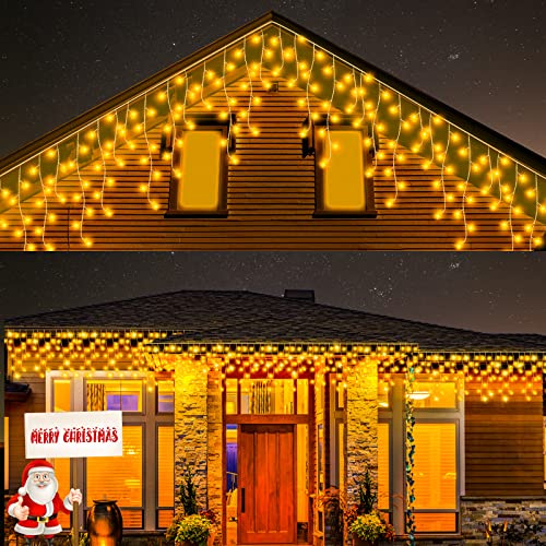 cshare Icicle Lights Outdoor, 15M 360LEDs Icicle Christmas Lights Mains Powered with Timer & Waterproof &Memory Hanging Fairy Light for Outside House Gutter Roof Wall Xmas Decorations-Warm White