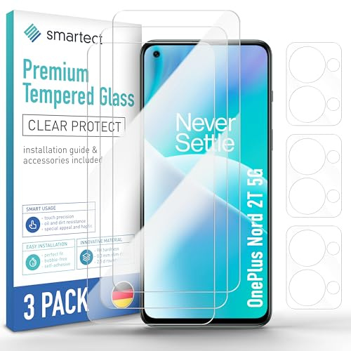 smartect Schutzglas [3 + 3 Stück, Klar] kompatibel mit OnePlus Nord 2T 5G, Display + Kamera, HD Schutzfolie Anti-Kratzer, Blasenfrei, 9H Härte, 0.3 mm Ultra-klar, Ultrabeständig