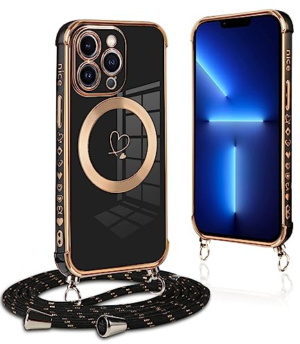 Pnakqil Handykette für iPhone 13 Pro Hülle mit Band, Kompatibel mit MagSafe, Handyhülle Ultra Dünn Silikon Magnetisch mit Herz Love Muster Schutzhülle mit Kordel für iPhone 13Pro 6.1 Zoll, Schwarz