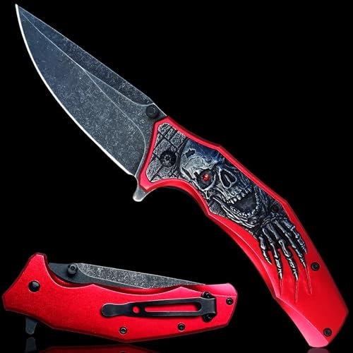 MADSMAUG Klappmesser, cool rot Taschenmesser mit 3D Prägen Reliefgravur, gute Geschenk Edc Messer für Männer Outdoor Überleben Camping (rot)