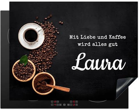 KitchenYeah© Herdabdeckplatte Personalisiert Einteilig Küche Herdabdeckung Ceranfeld Herdabdeckplatten Anti Rutsch Matte Aufrollbar mit Liebe und Kaffee wird alles gut - Name - Bohnen - 52L x 81B cm