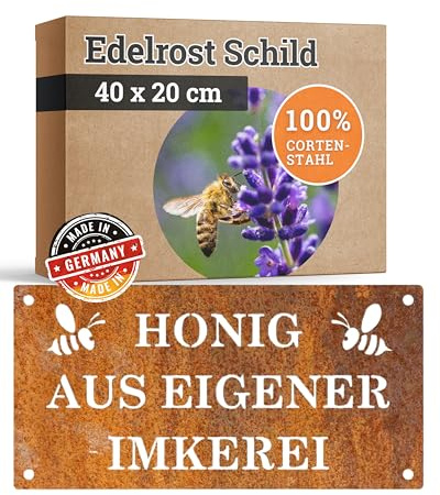 Feuerfest 123 Plaque décorative « Honig aus eigener Apicer » I 40 x 20 cm I Plaque de jardin élégante à suspendre I Décoration de jardin en acier inoxydable de qualité supérieure I Plaque de jardin