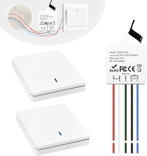 Interruttore senza fili della luce,radiocomandato 220V 433mhz RF Controller Ricevitore relè da 10A,con Radio Trasmettitore a Parete,Luci Fino a 1500W e Apparecchi Elettrici