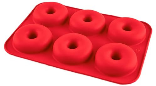 Silicone Donut Mould for Baking by BAKEE UK, Non-Stick Donut Cake Tray, Reusable Doughnut Baking Pan for Oven Use, Easy-Release Silicone Bakeware (Red)