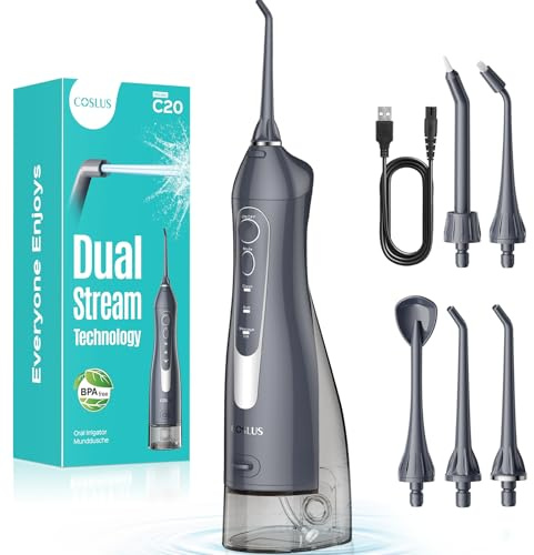 COSLUS Water Dental Flosser Teeth Pick: Portable Cordless Waterproof Flossing 300ML Rechargeable Travel Irrigation Cleaner IPX7 Gray