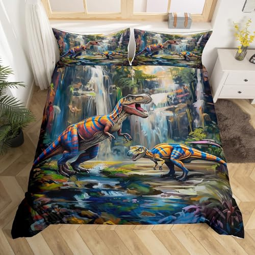 Dinosour Kids Duvet Cover Set Twin Size,Pine Trees Mountain Waterfall Bedding Set,Boys Girls Room Decor,Ancient Wildlife Jungle Animals Comforter Cover,Green Quilt Cover,1 Pillowcase(No Comforter)