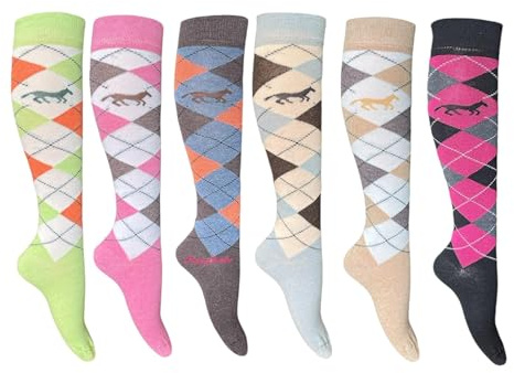 Cozy Flair Calzini alti al ginocchio da donna, 6 paia, design Argyle Horses | Multicolore ricco di cotone | Calzini per stivali da equitazione | Adatto per UK 4-7, EU 35-39 | Eleganti e comodi da