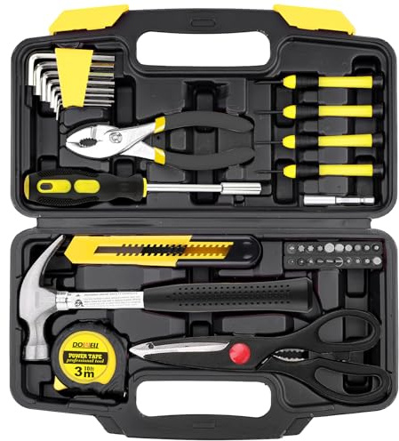 DOWELL Home Tool Set, 40-teiliges Haushalts-Handwerkzeug-Set, Gelb | Allgemeines Mini-Reparaturwerkzeug-Set mit Kunststoff-Werkzeugkasten-Aufbewahrungskoffer