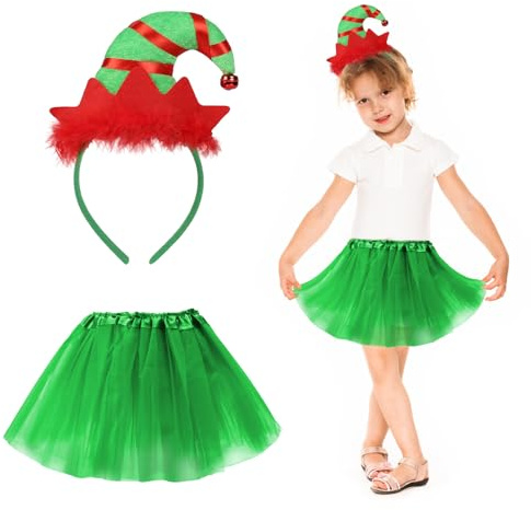 HONMOK 2pcs Noël Déguisement Lutin pour Enfant Fille Ensemble Costume Elfe inclut Robe Tutu Serre-tête Déguisement pour Fête Anniversaire Carnaval(Vert, 3 à 10 ans)