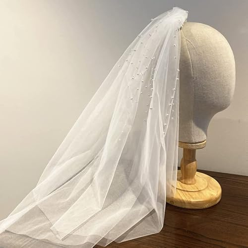HUFFA Weiß Elfenbein Kurz Vintage 2 Schichten Schleier Braut Kopfbedeckung Hochzeit Schleier Mit Kamm Perlen(Weiß)