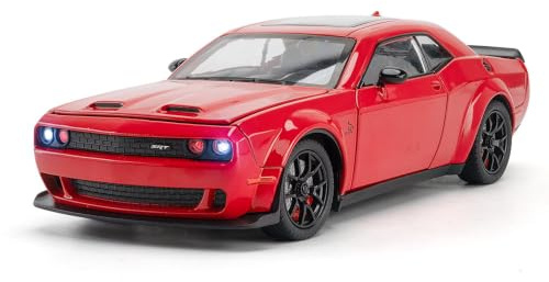 1/24 Dodge Challenger SRT Hellcat Auto Coleccionable Diecast Modelo con Luces y Sonidos, Juguetes Pull Back para Adultos y Niños Cumpleaños Regalos Decoración (Rojo)