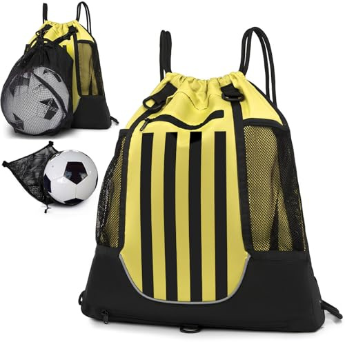 STAY GENT Coulisse Zaino da Basket per Bambini Giovani e Adulti, Foldable Zaino Calcio Pallavolo Sportiva con Staccabile Palla Borsa a Rete per Palestra Yoga Escursionismo, Giallo Nero Striscia