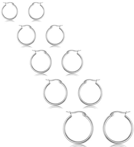 WOZNU 5 Paires Creoles Acier Inoxydable Boucles d'oreilles Femme Homme Hypoallergénique Boucles d'oreilles Créoles Or/Argent Femme Fille 10/12/15/20/25mm Argent