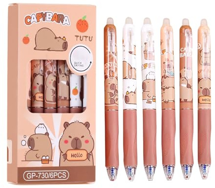 FloralGrace 6 delar Kawaii tecknade capybara gelpennor, snabbtorkande infällbar pennuppsättning, indragbara kawaii-pennor, nyhet djurpennor, capybara temafest gåvor