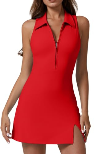 QINSEN Womens Tennis Dress with Shorts with Pockets Sleveless Polo Neck Workout Dresses Red S