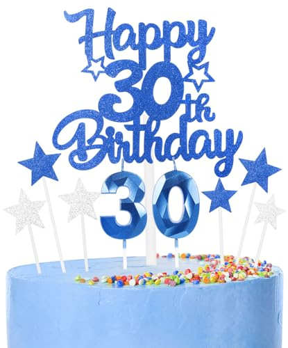 Royal Blue Happy 30th Birthday Candles Cake Topper Set,Number 30 Birthday Candles with 30th Birthday Cake Toppers Star Cupcake Toppers for Boys Men Birthday Anniversary Decorations